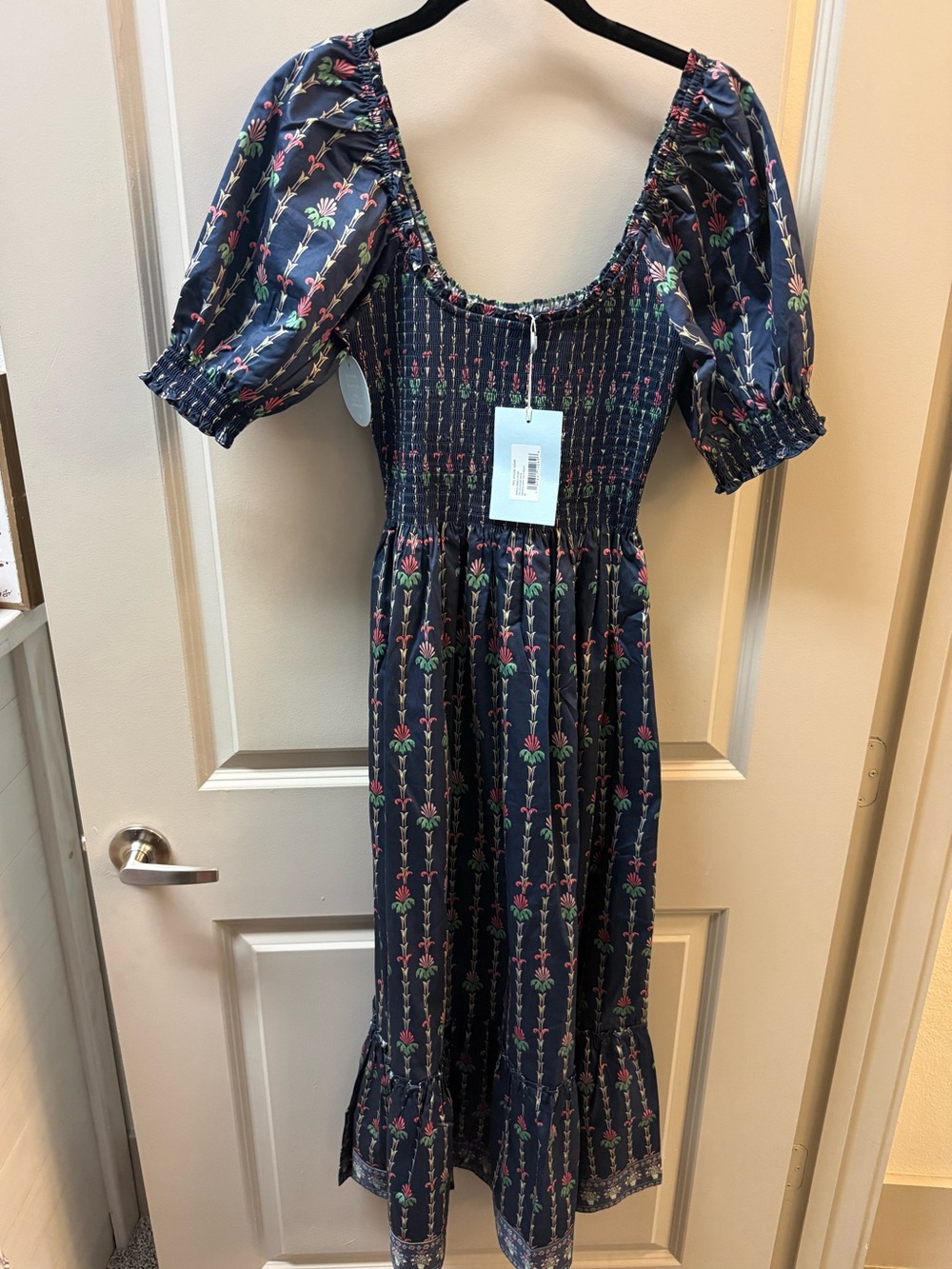 Hill House Navy Floral Midi with Puff Sleeves